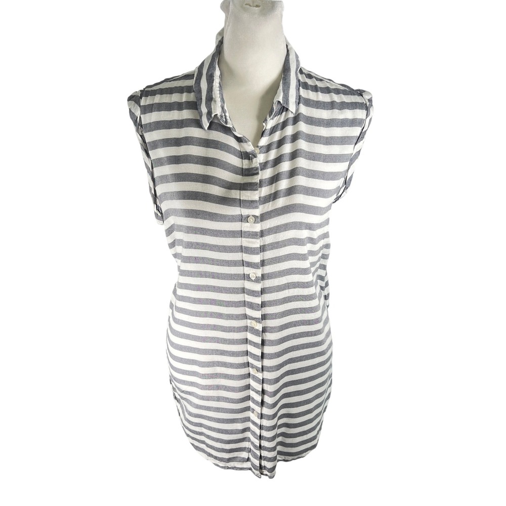 Calvin Klein Jeans Womens Grey White Striped Sleeveless Button Down Shirt Size M
